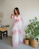 Vachi Elegant Floral Printed Cutwork Pure Organza Off White Saree